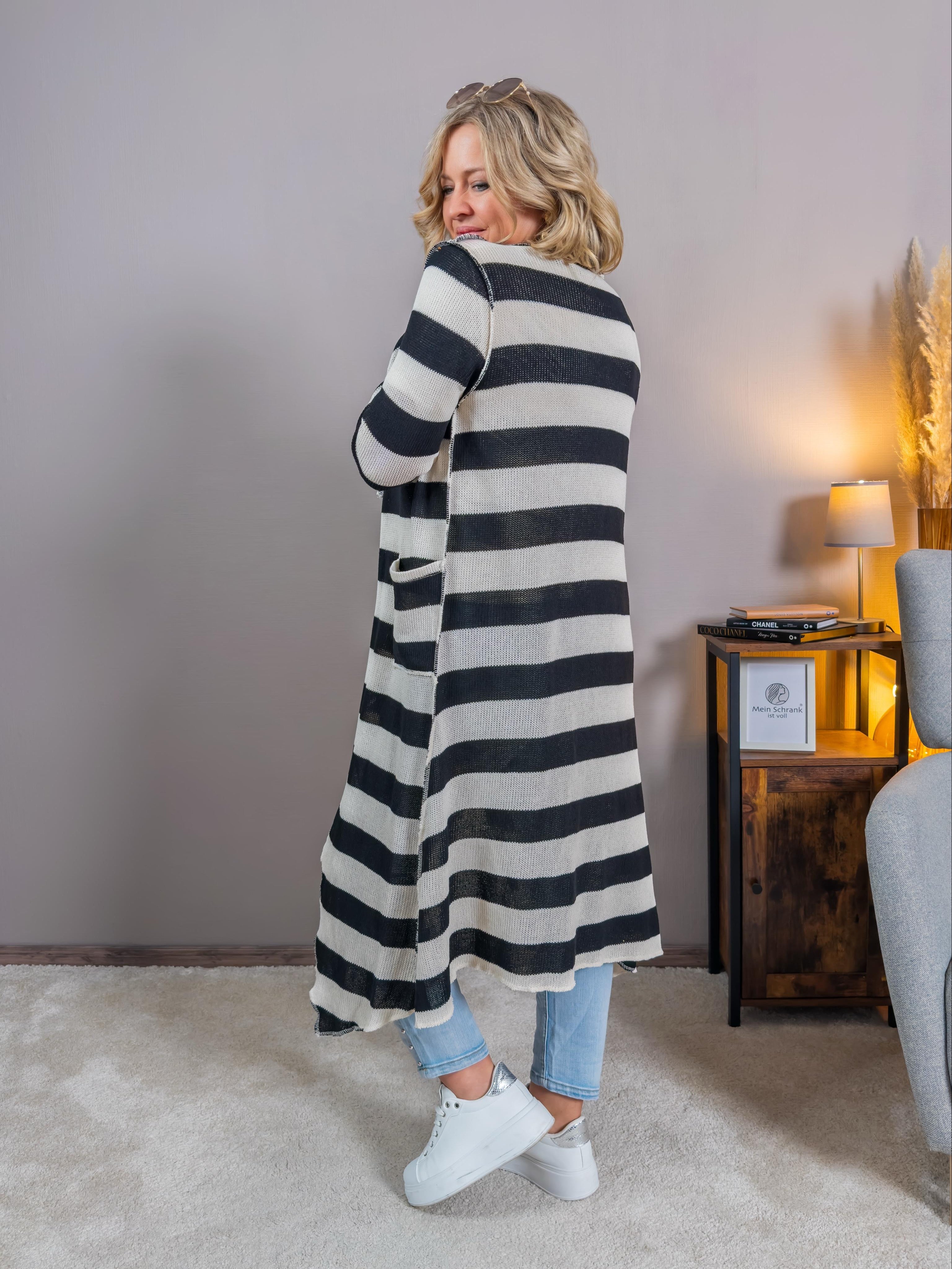 Langer Cardigan mit Streifenmuster, schwarz/creme