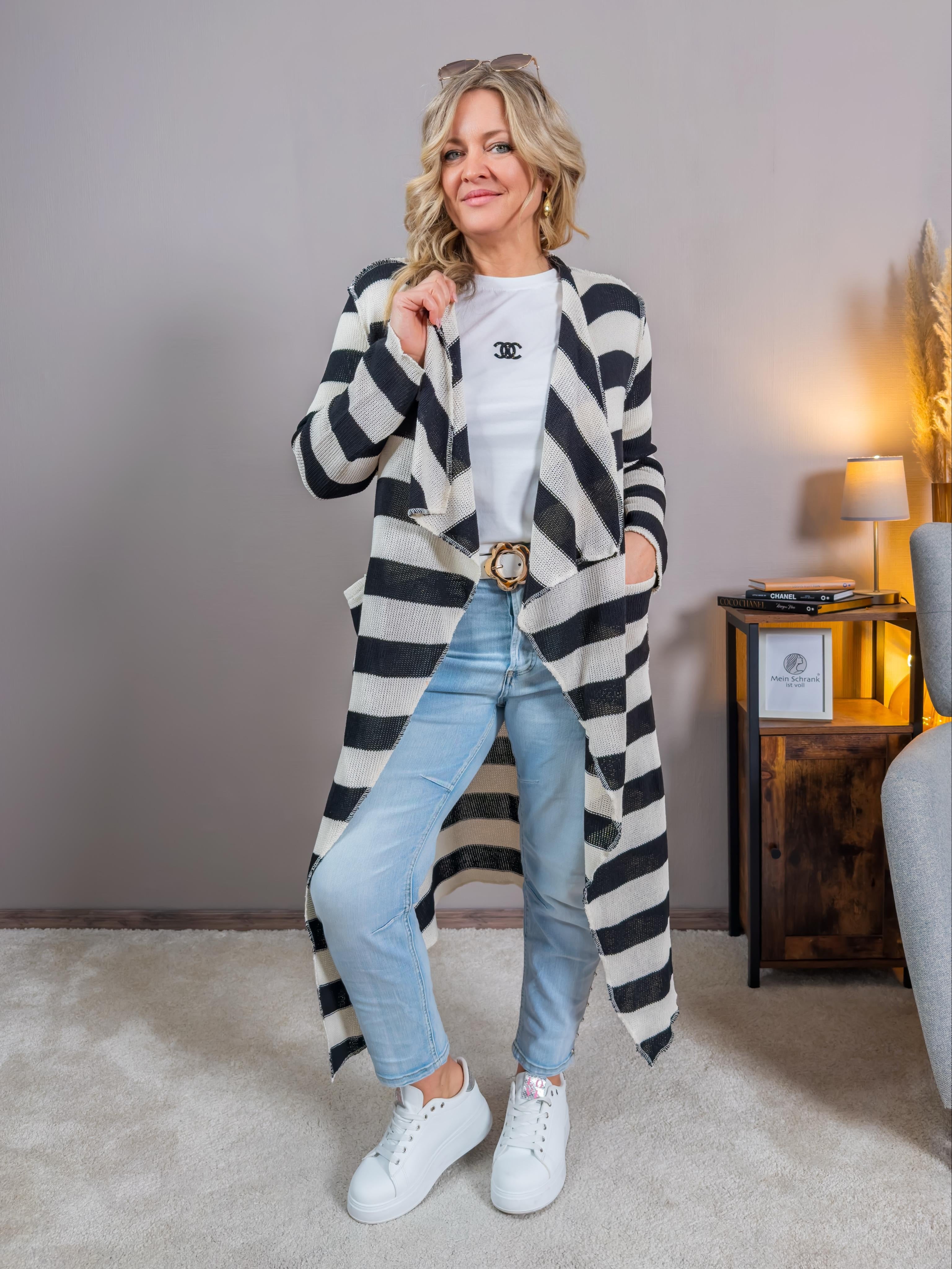 Langer Cardigan mit Streifenmuster, schwarz/creme