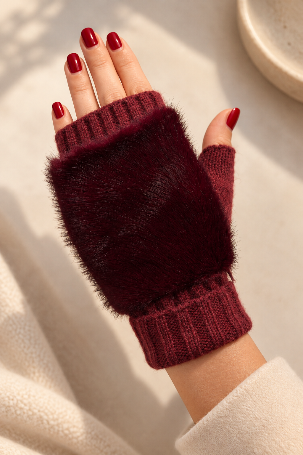 Strick Handstulpen mit Fake Fur, burgundy