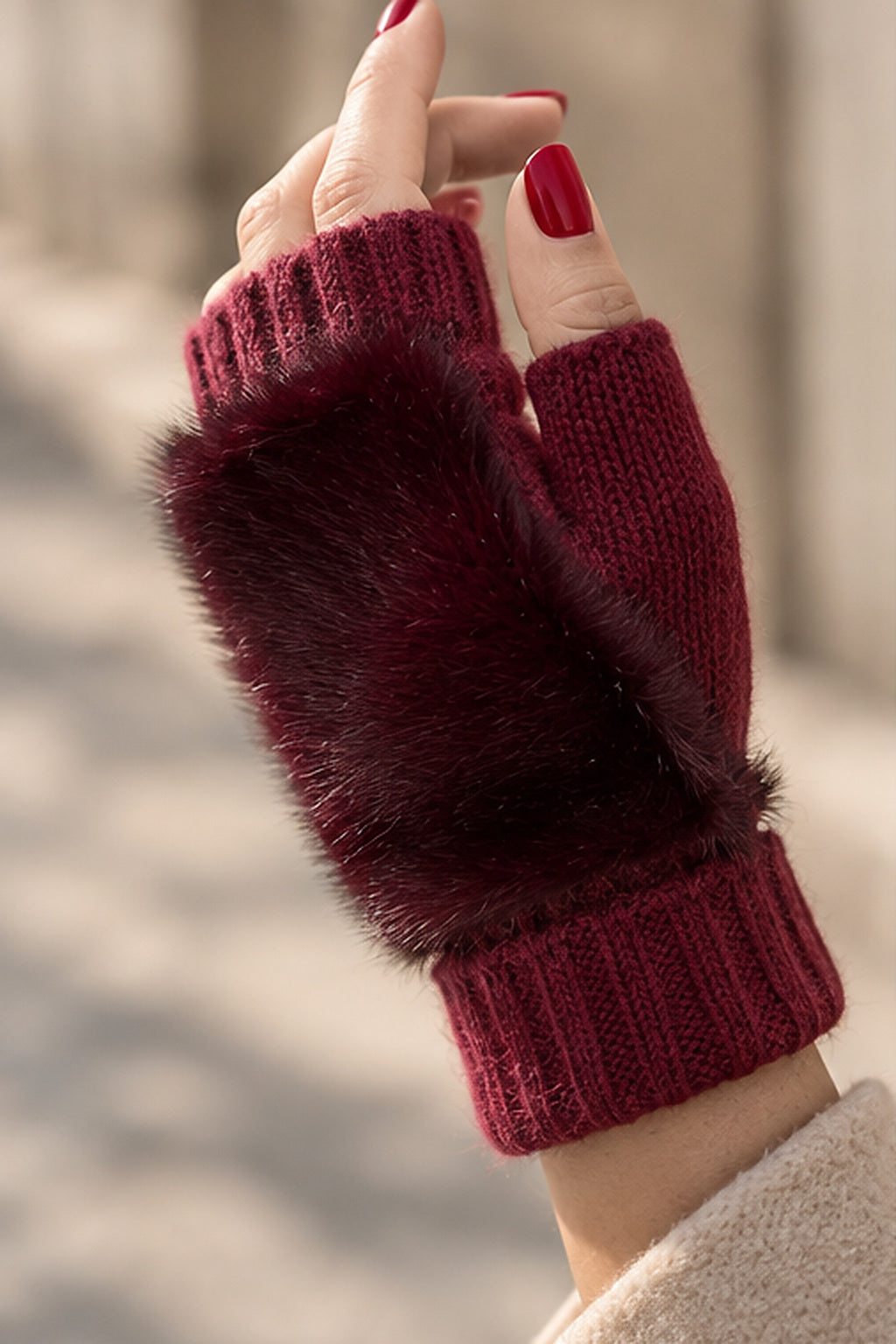 Strick Handstulpen mit Fake Fur, burgundy