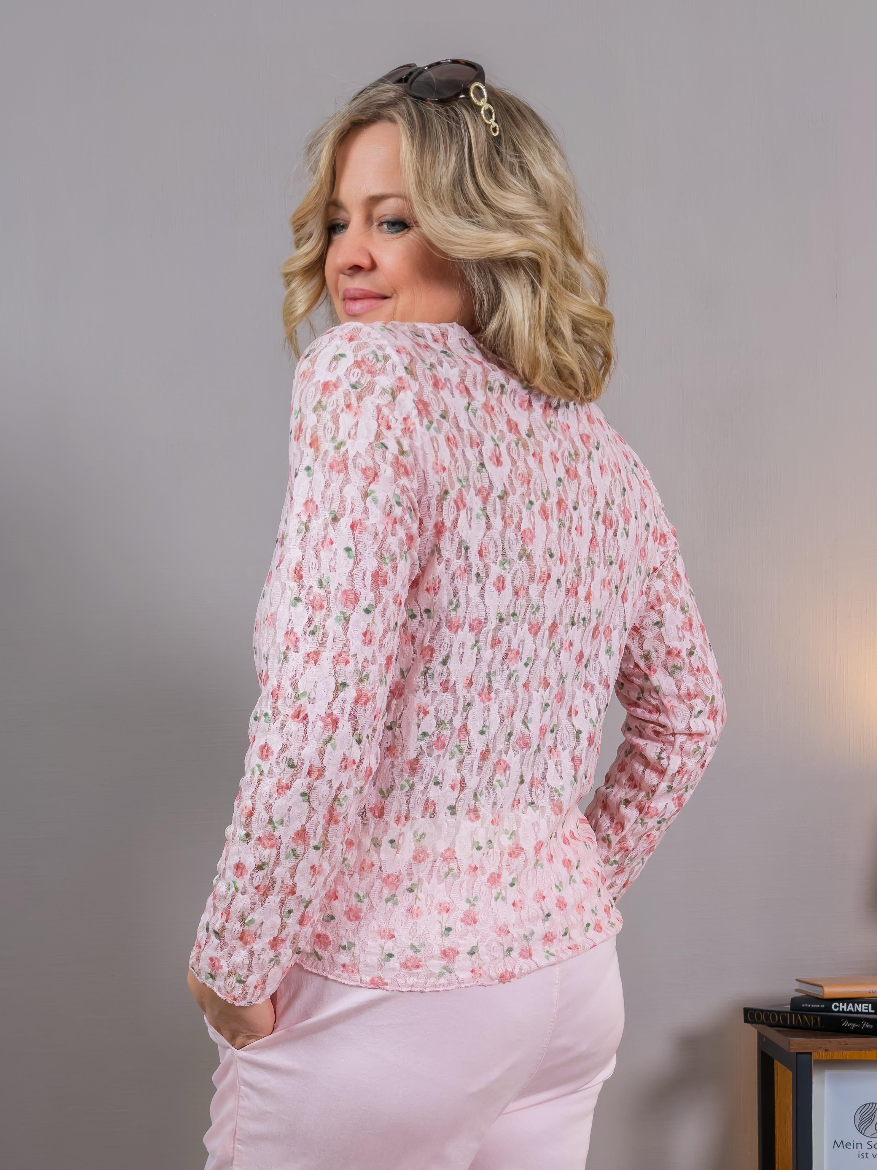 Leichtes Spitzen-Langarmshirt mit Blumen-Muster, rosa