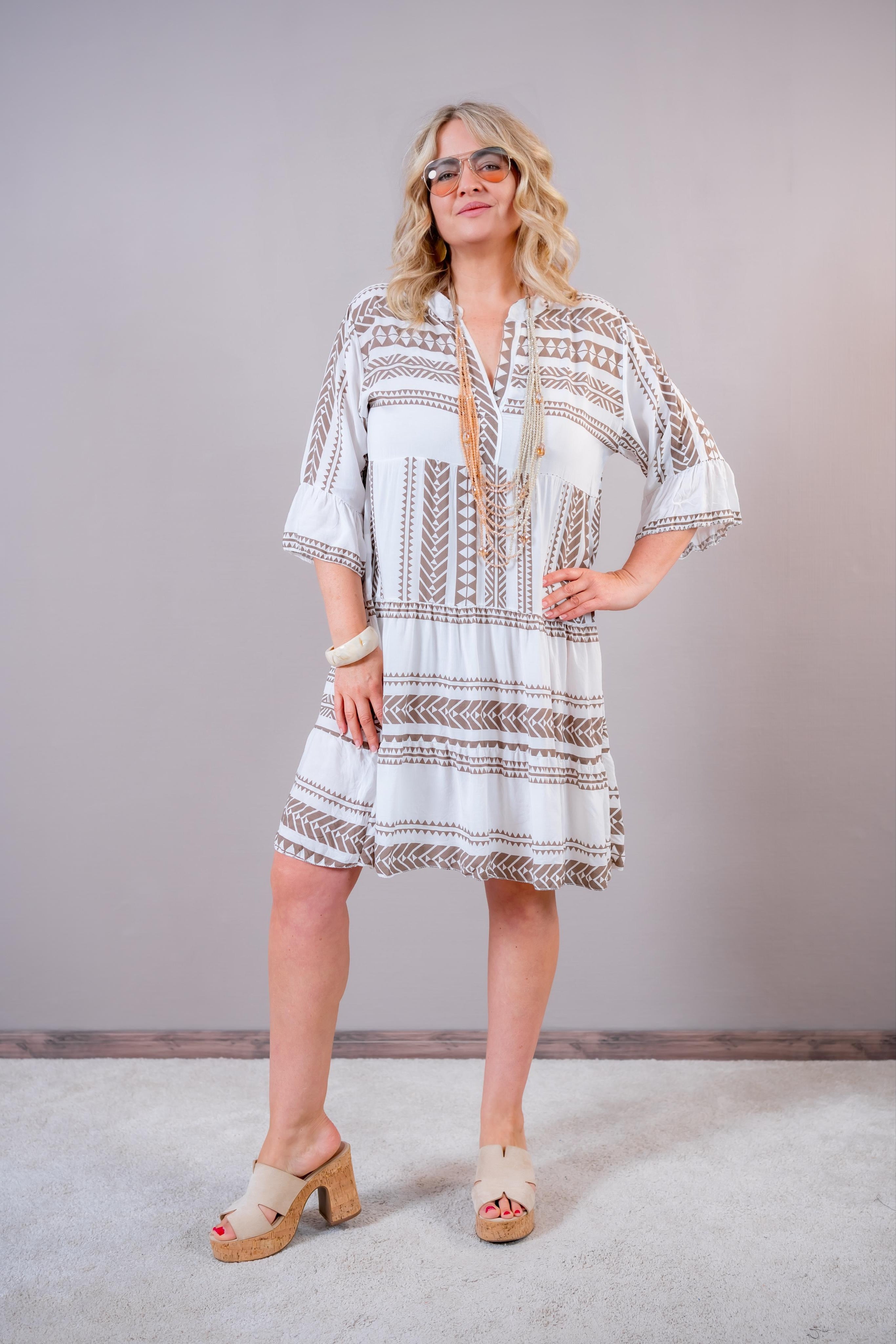 Boho Tunika Kleid mit Ethno-Print, creme/taupe