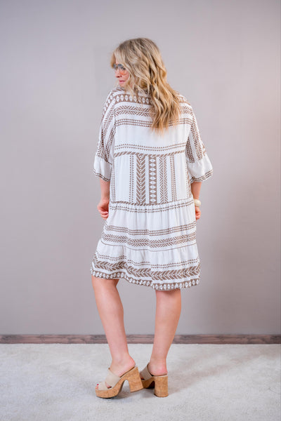 Boho Tunika Kleid mit Ethno-Print, creme/taupe