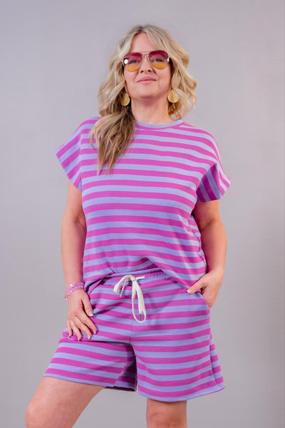 Zweiteiler "Candy Stripes" - Shirt & Shorts im Streifenlook, pink/flieder