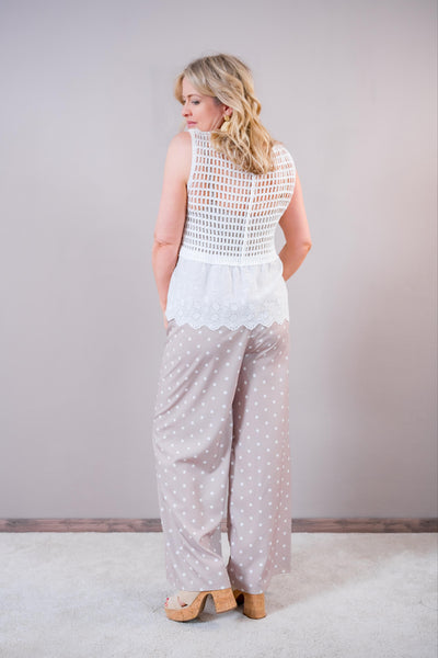 Sommerhose "Dots" - luftige weite Hose mit Pünktchen & Bindegürtel, taupe/creme