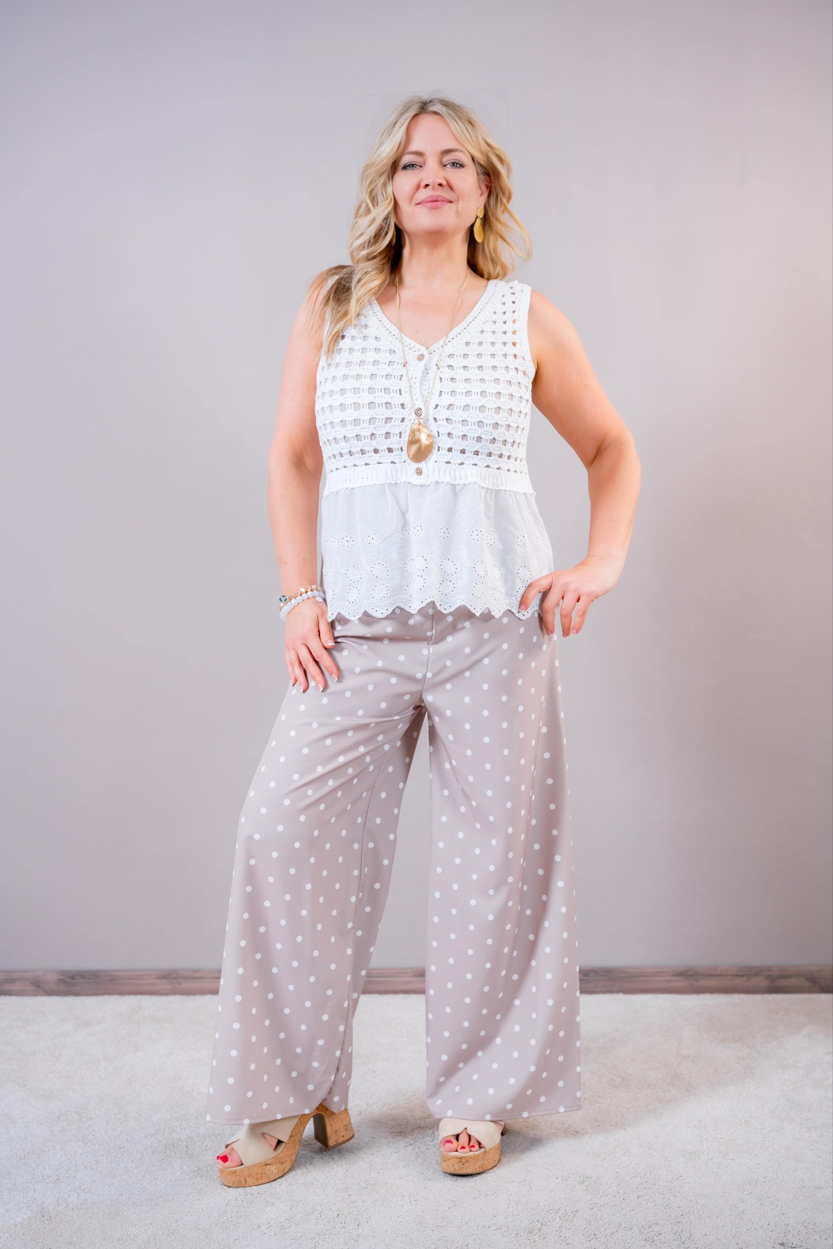 Sommerhose "Dots" - luftige weite Hose mit Pünktchen & Bindegürtel, taupe/creme