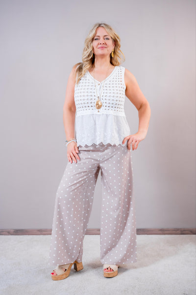 Sommerhose "Dots" - luftige weite Hose mit Pünktchen & Bindegürtel, taupe/creme