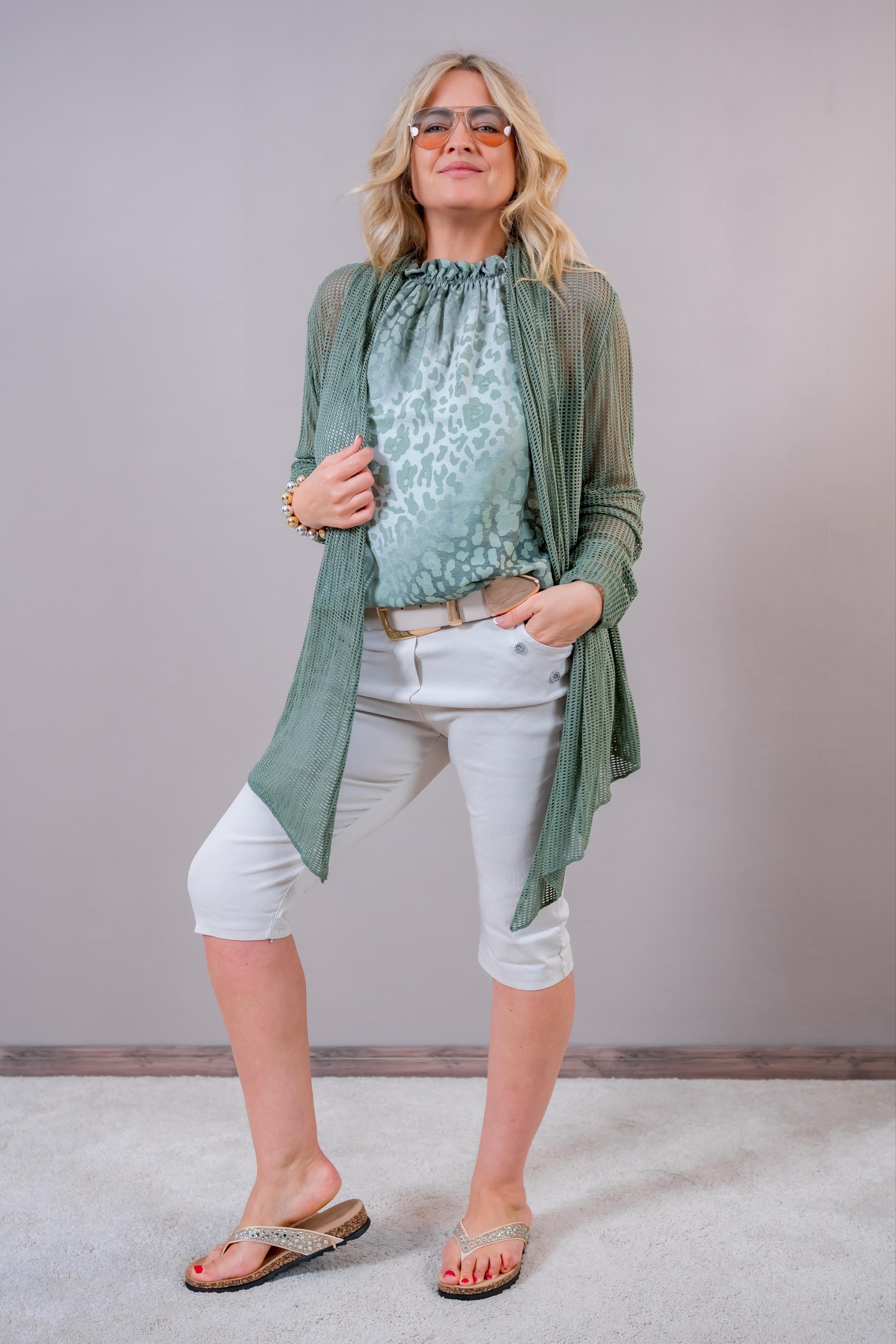 Ärmelloses Top mit Rüschen und Leo-Muster, khaki