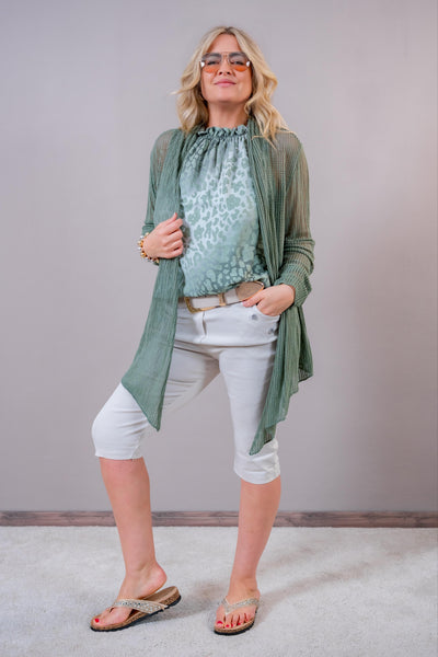 Ärmelloses Top mit Rüschen und Leo-Muster, khaki