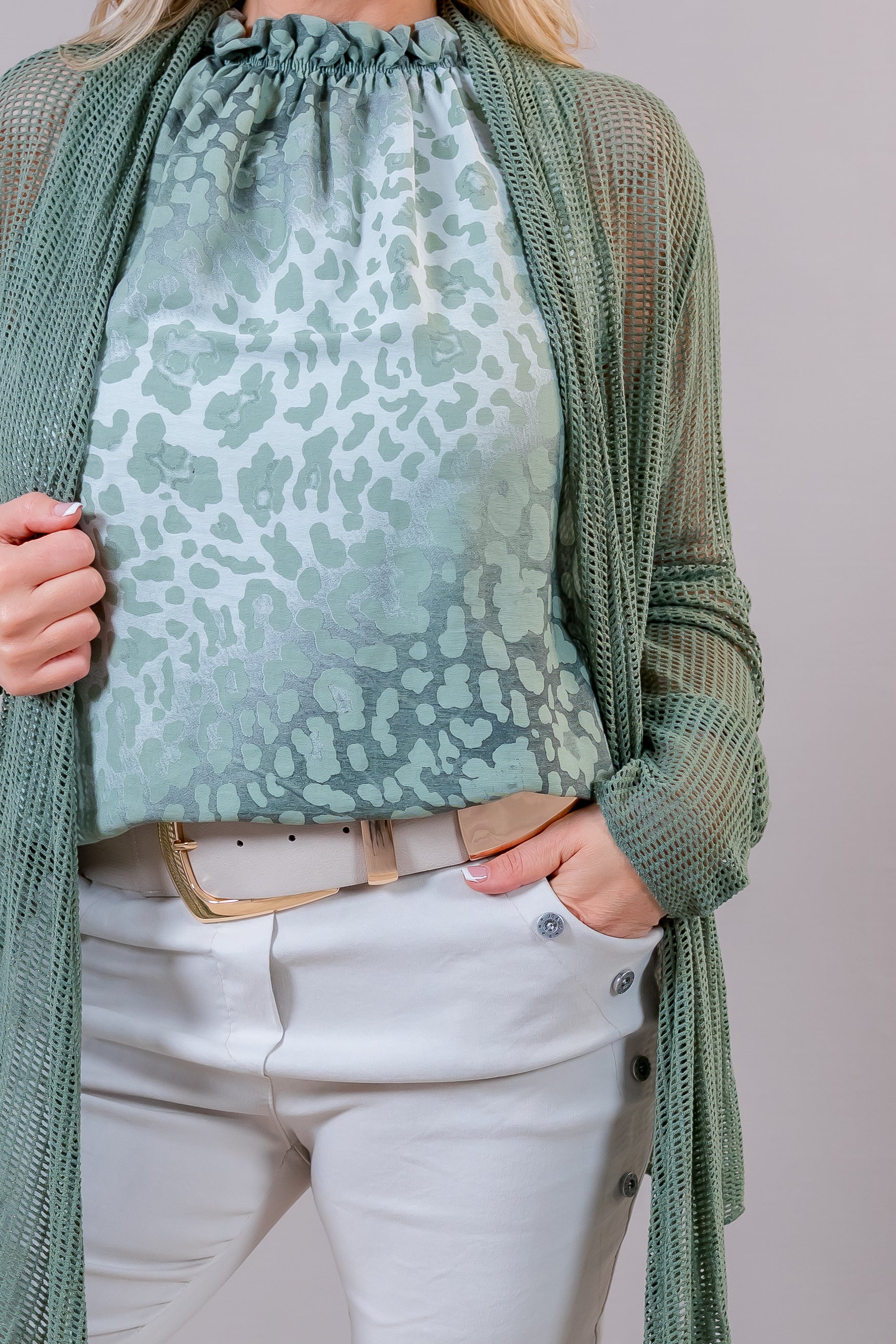 Netz-Cardigan mit Gold-Akzenten, khaki