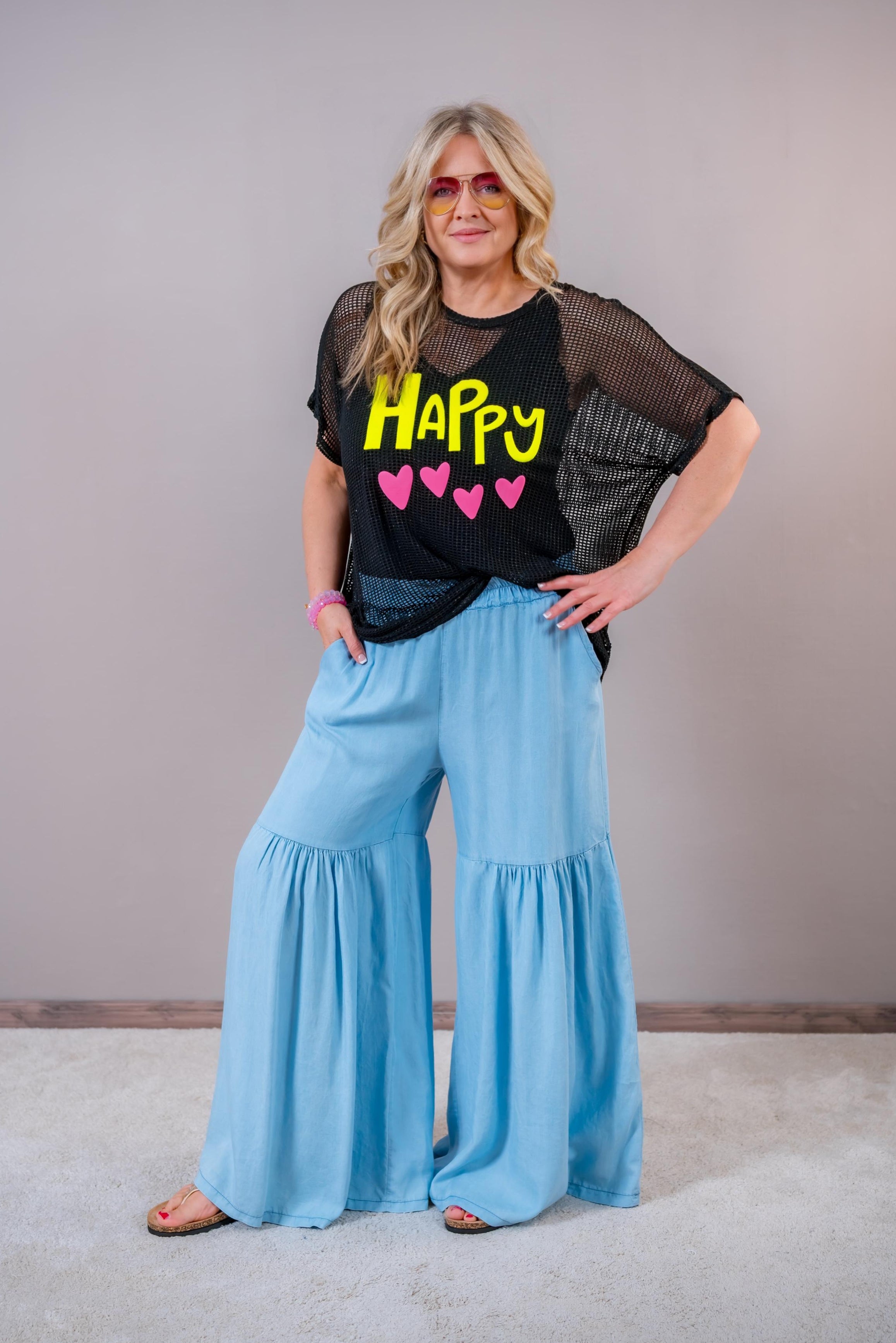 Netz-Shirt mit Print "HAPPY", schwarz