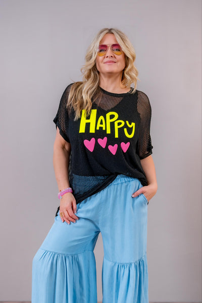 Netz-Shirt mit Print "HAPPY", schwarz