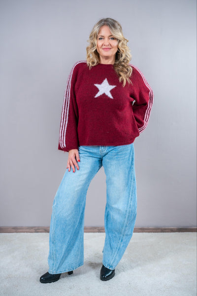 Strickpullover mit Streifen und Stern, bordeaux/rosa