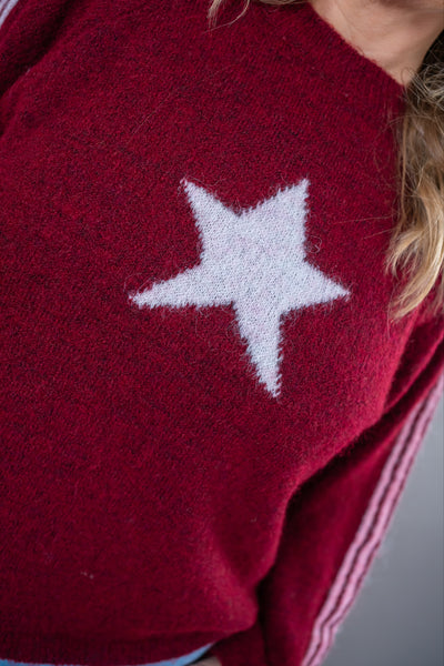 Strickpullover mit Streifen und Stern, bordeaux/rosa