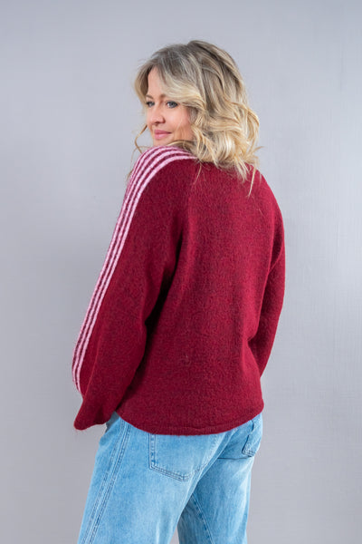 Strickpullover mit Streifen und Stern, bordeaux/rosa