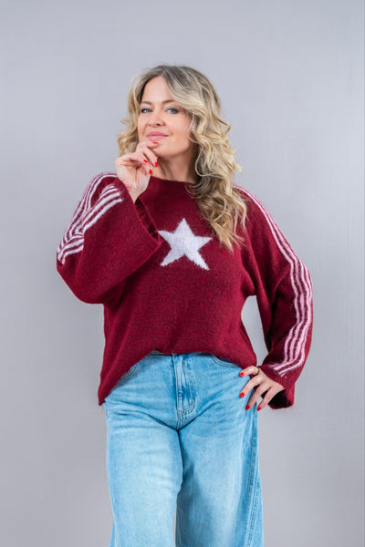 Strickpullover mit Streifen und Stern, bordeaux/rosa