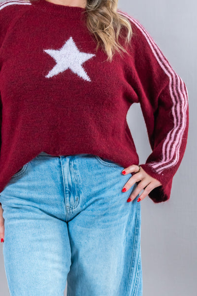 Strickpullover mit Streifen und Stern, bordeaux/rosa