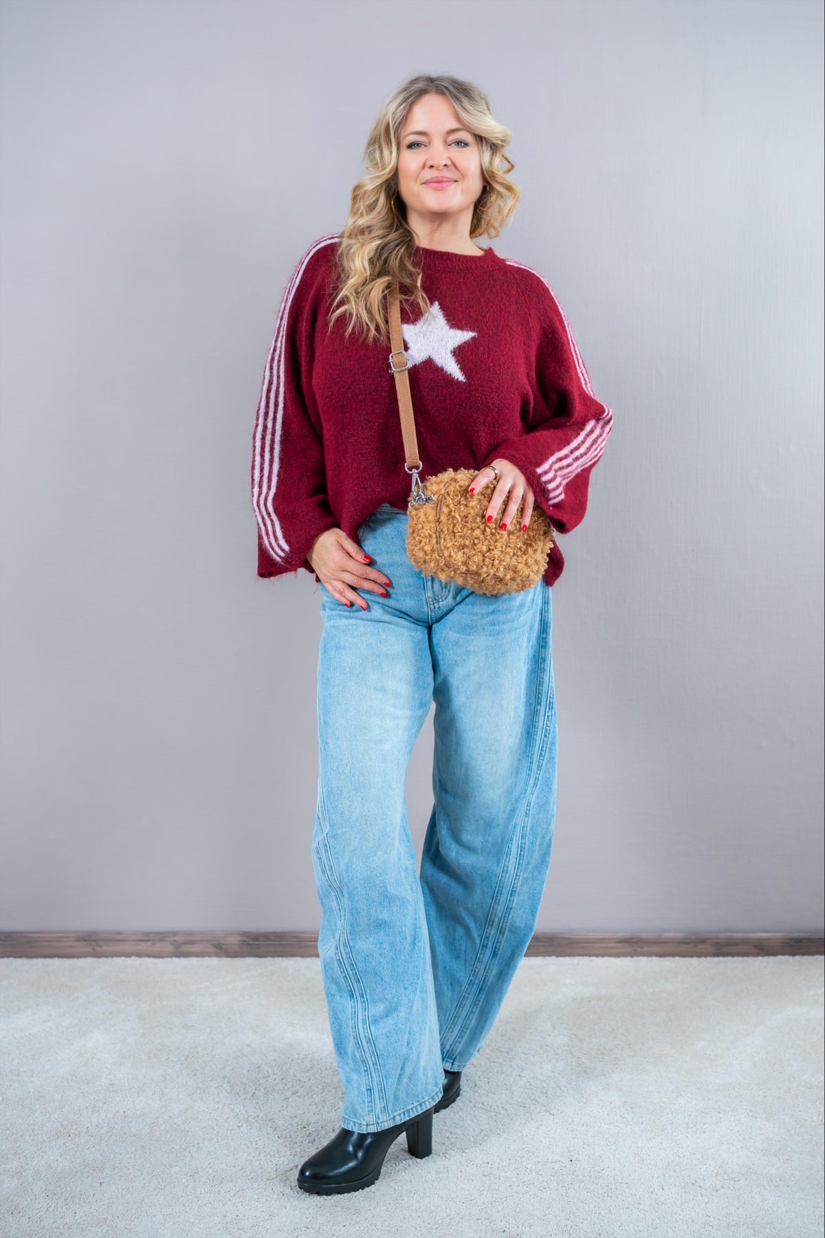 Strickpullover mit Streifen und Stern, bordeaux/rosa