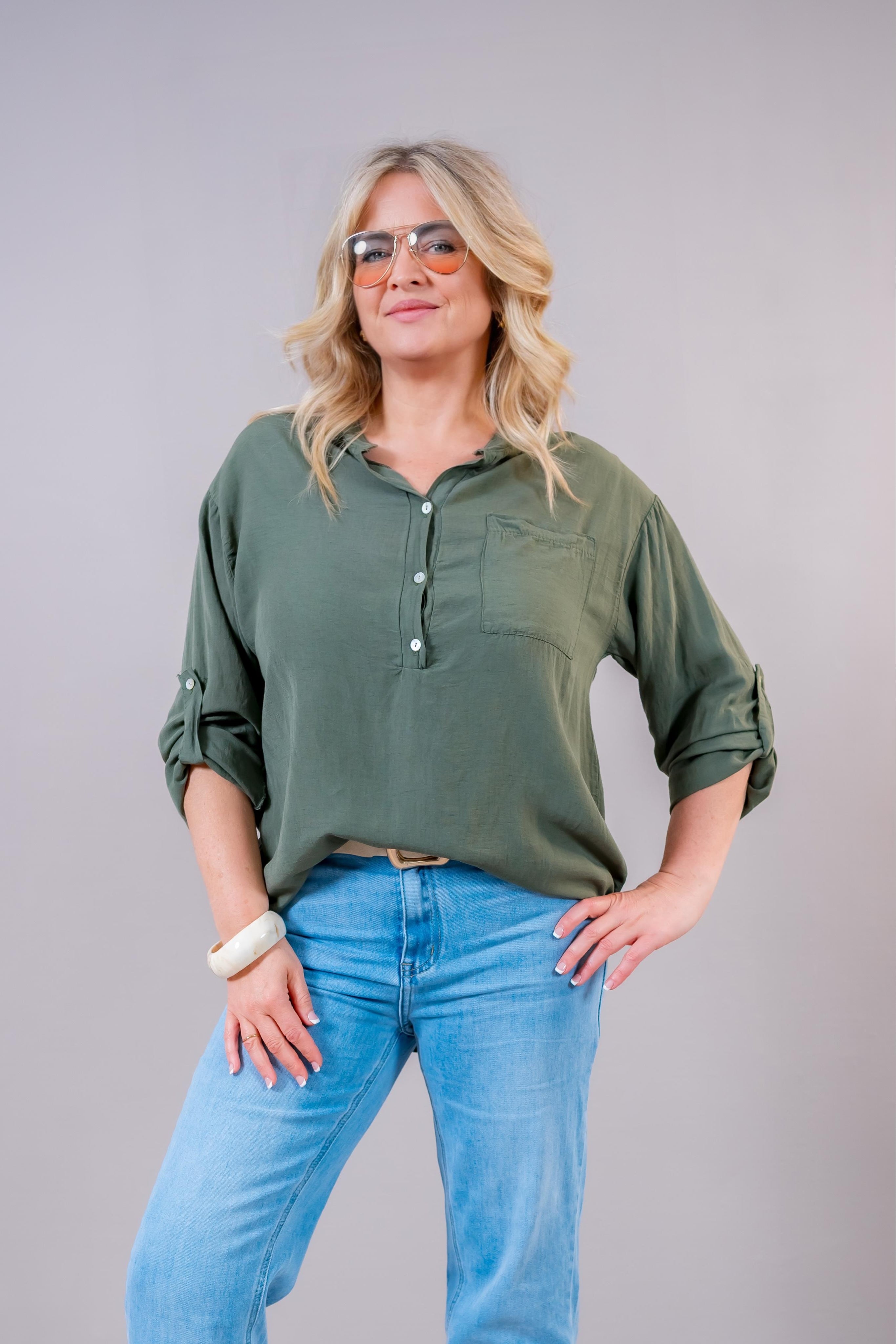 Tunika-Bluse mit Knopfleiste, khaki