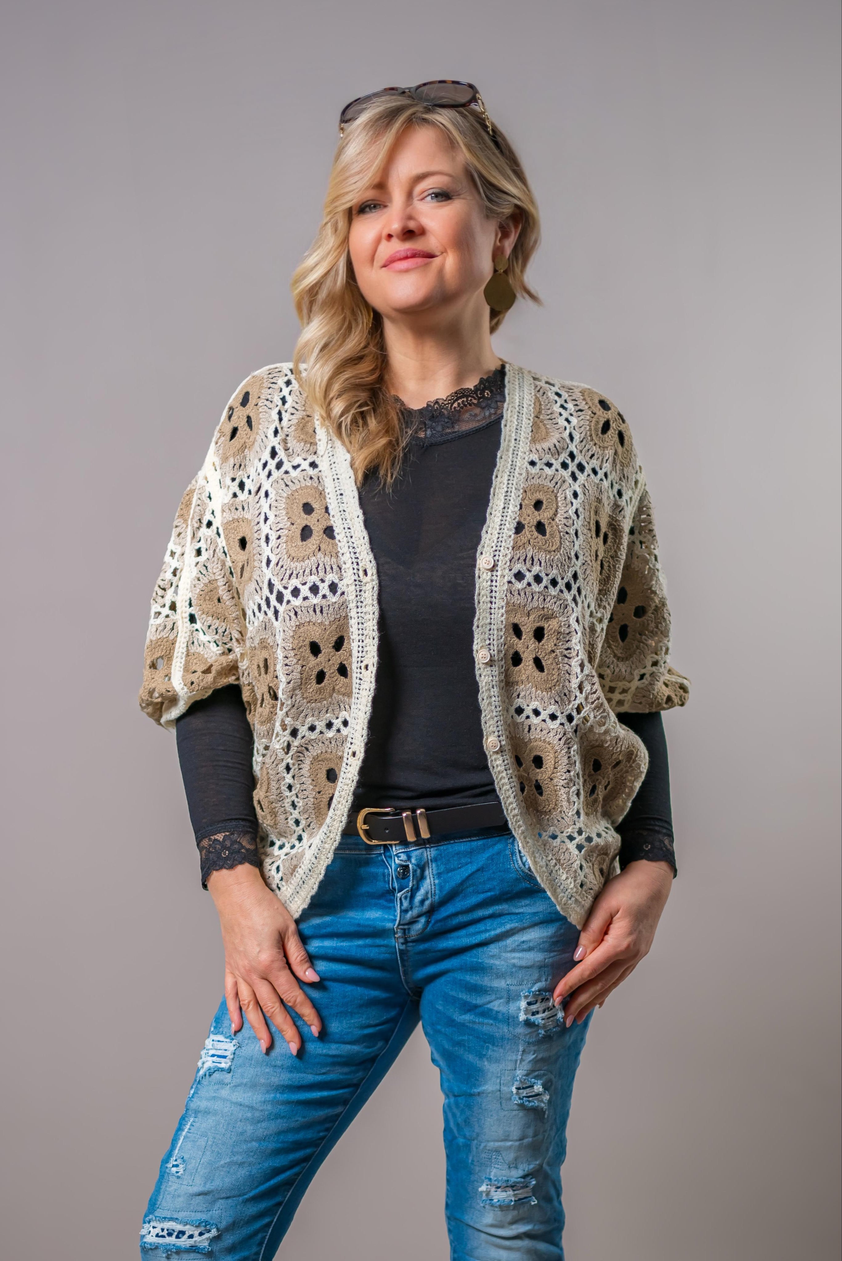 Oversize Häkeljacke mit Design, braun/beige/creme