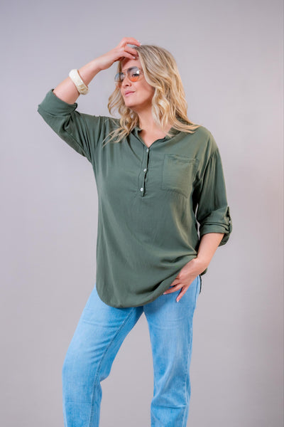 Tunika-Bluse mit Knopfleiste, khaki