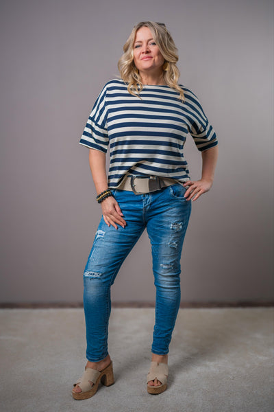 Gestreiftes Kurzarm-Shirt, creme/dunkelblau