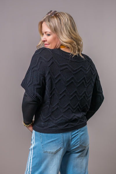 Kurzarm-Häkelpullover mit Zickzack-Muster, schwarz