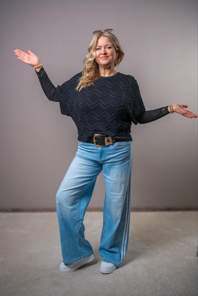 Kurzarm-Häkelpullover mit Zickzack-Muster, schwarz