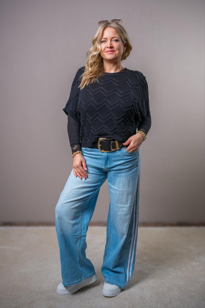 Kurzarm-Häkelpullover mit Zickzack-Muster, schwarz