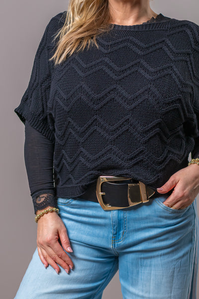 Kurzarm-Häkelpullover mit Zickzack-Muster, schwarz