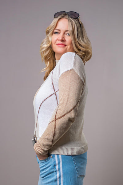 Leichter Strickpullover mit Rautenmuster, weiß/creme/beige