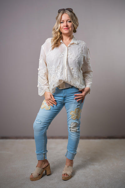 Transparente Bluse mit floralem Muster, creme