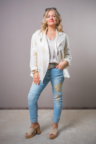 Stylischer Blazer mit Blumen-Stickerei, creme