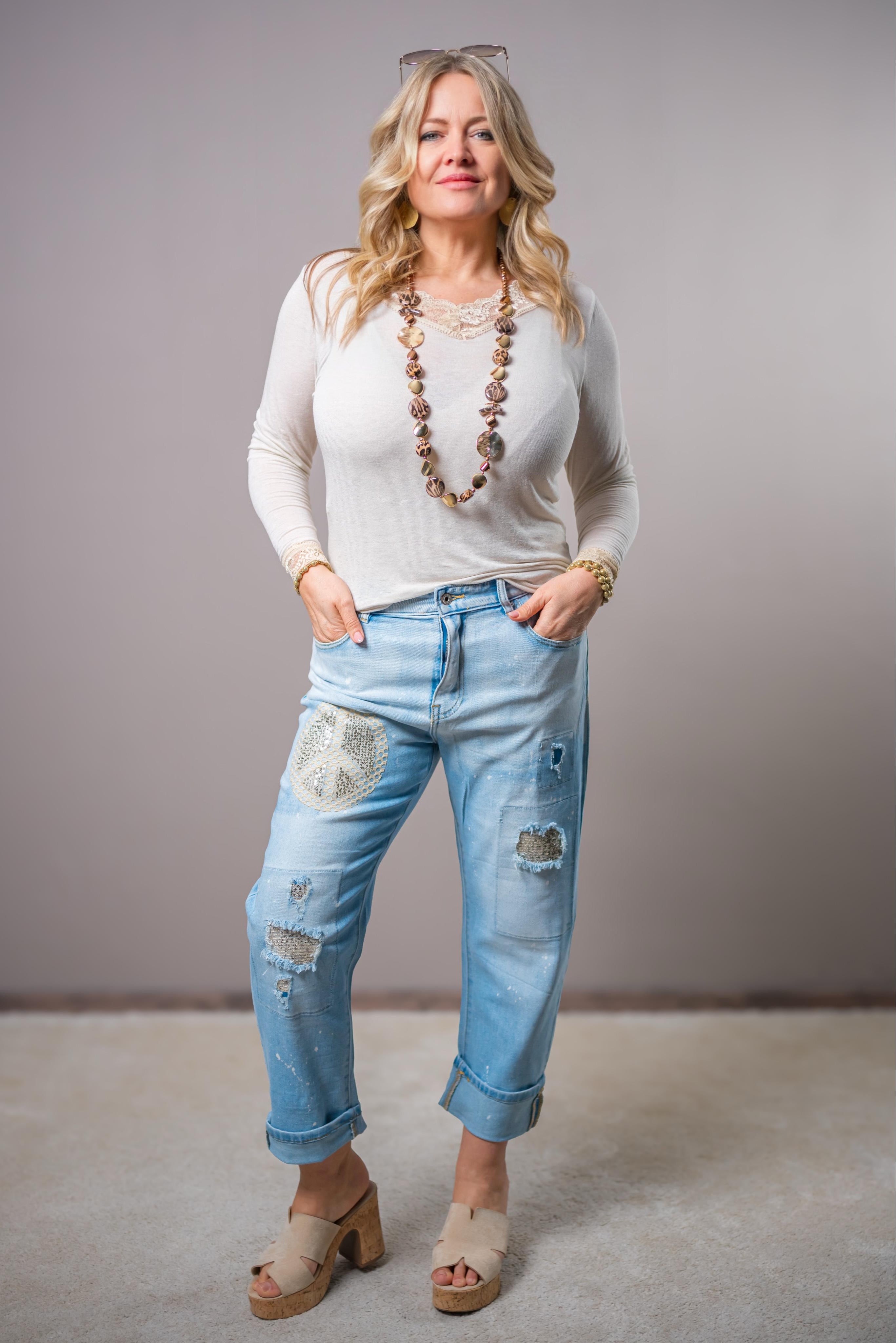 Boho Peace Jeans im Destroyed Look