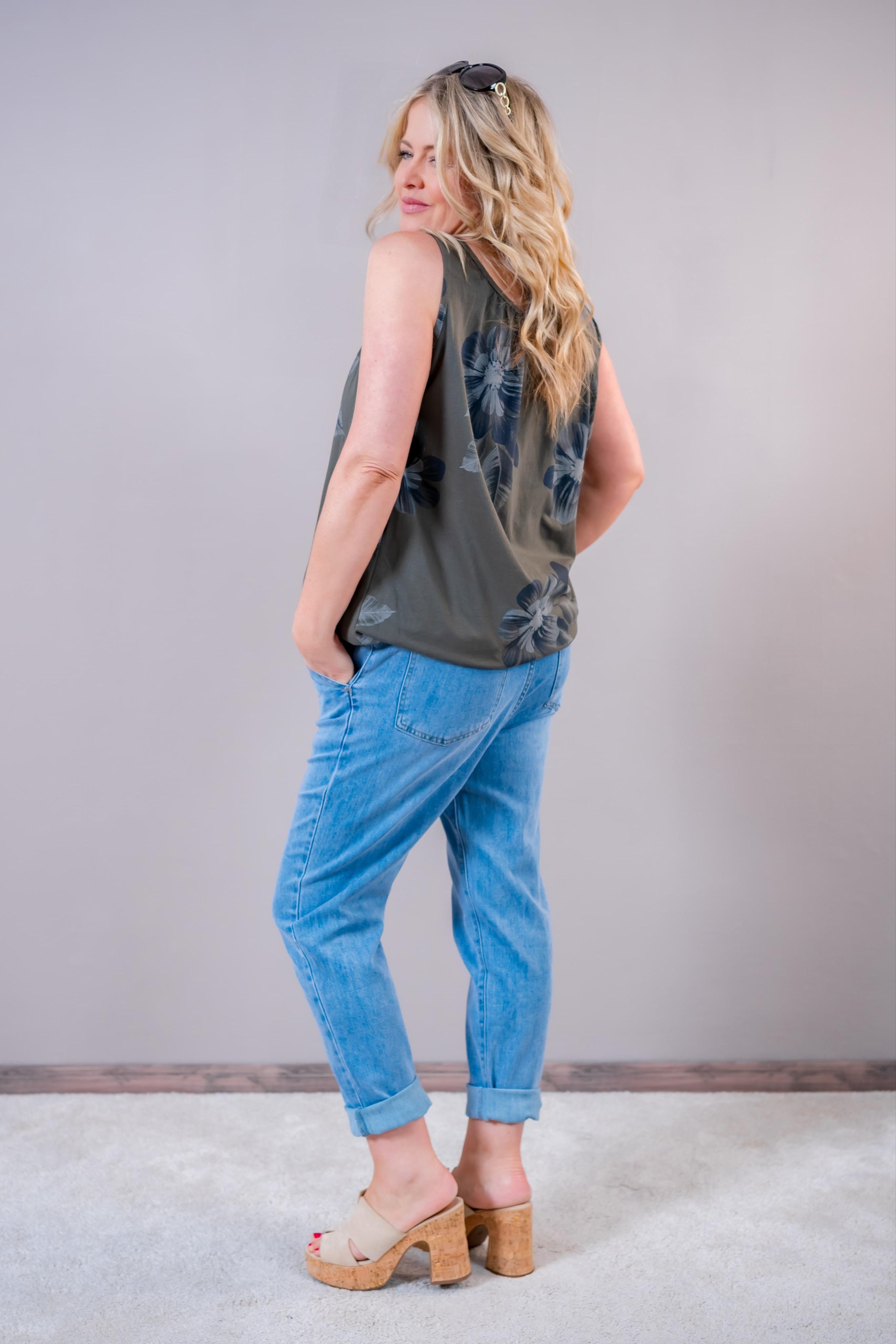 Ärmelloses Top mit Blumendruck, olivgrün