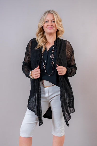 Netz-Cardigan mit Gold-Akzenten, schwarz