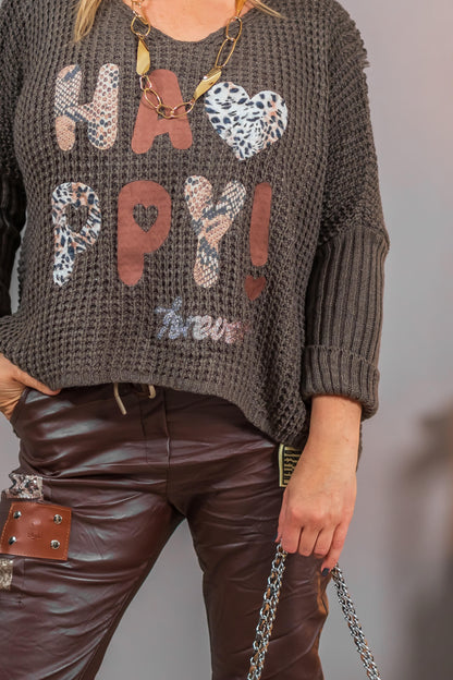 Strickpullover mit Frontprint, braun