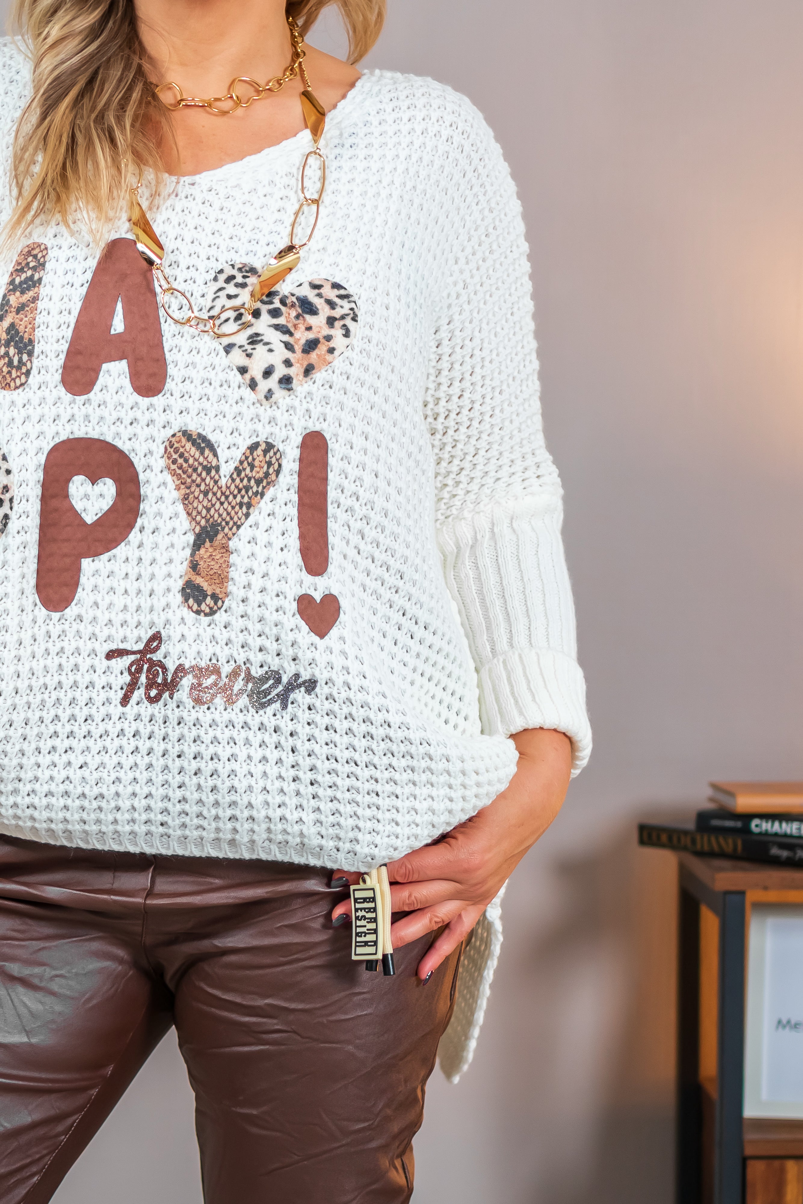 Strickpullover mit Frontprint, wollweiß