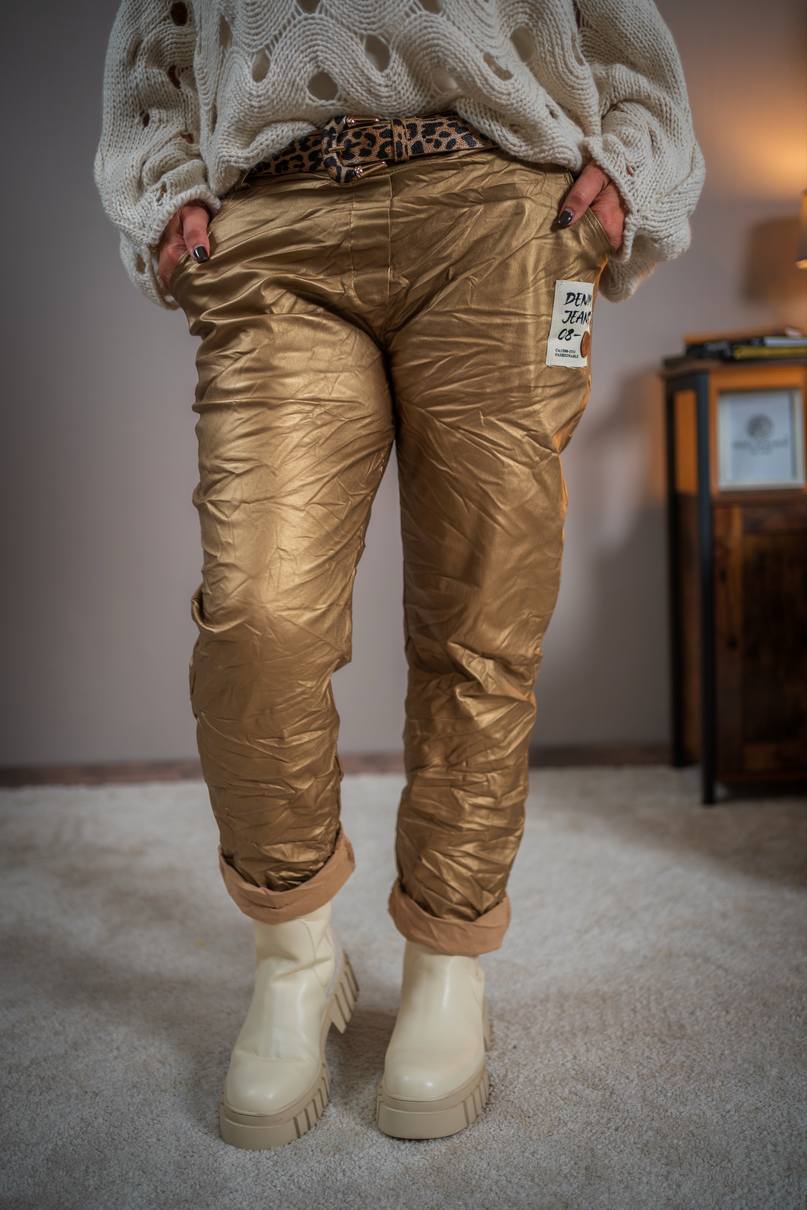 Jogpants im Leder-Look mit Gürtel, gold