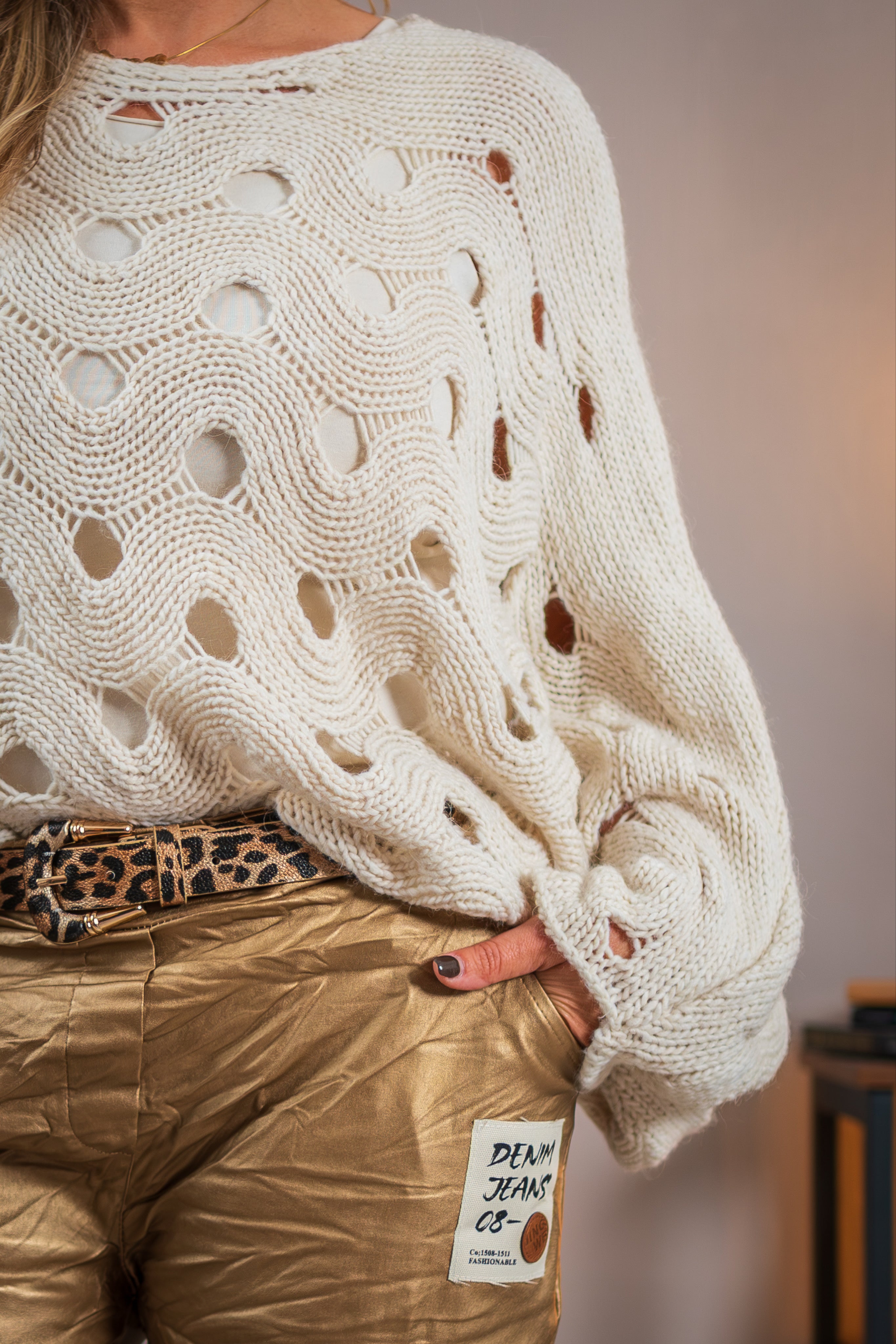 Lochstrickpullover, creme
