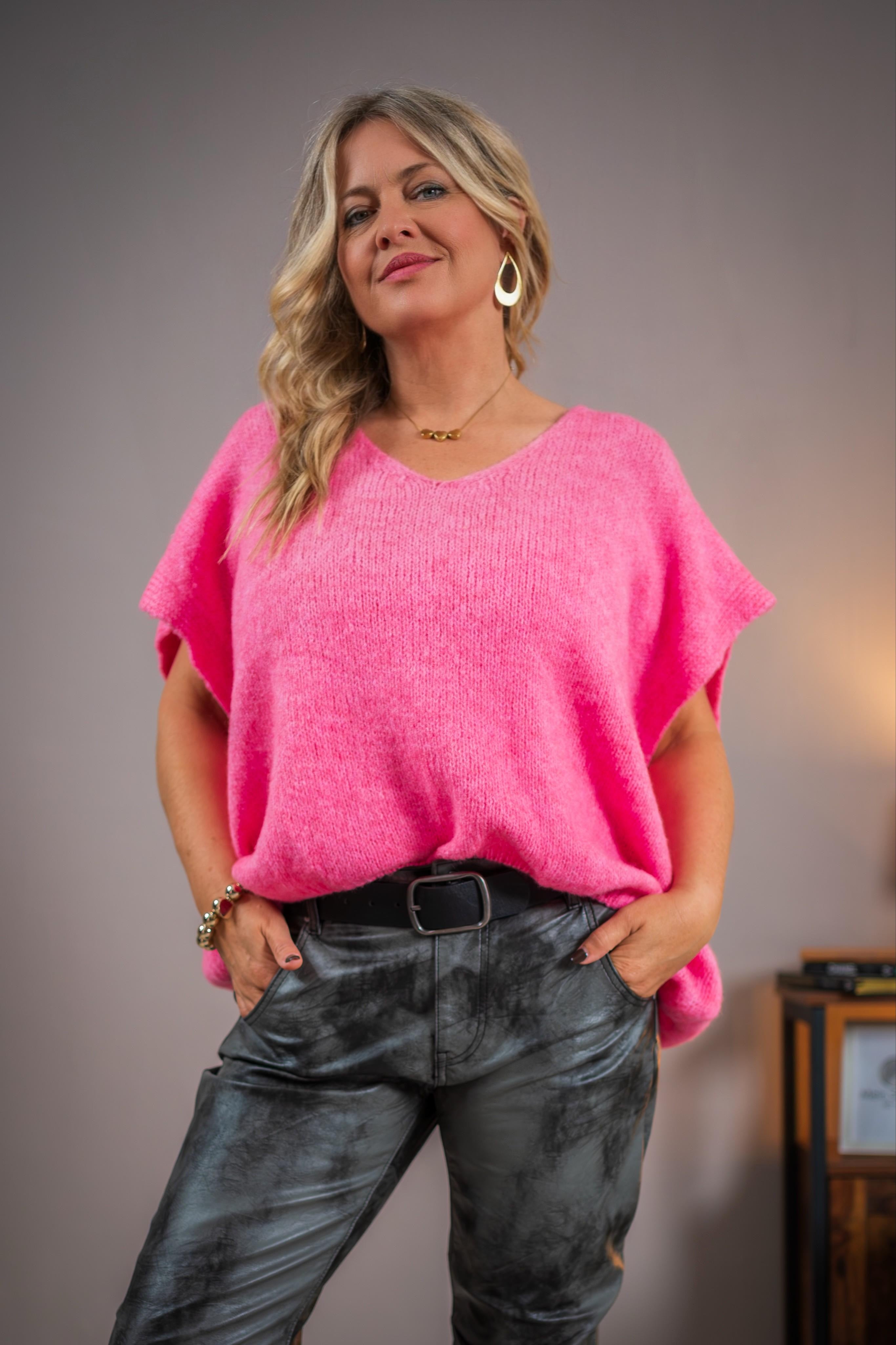 Kurzarm-Strickpullover, rosa-pink