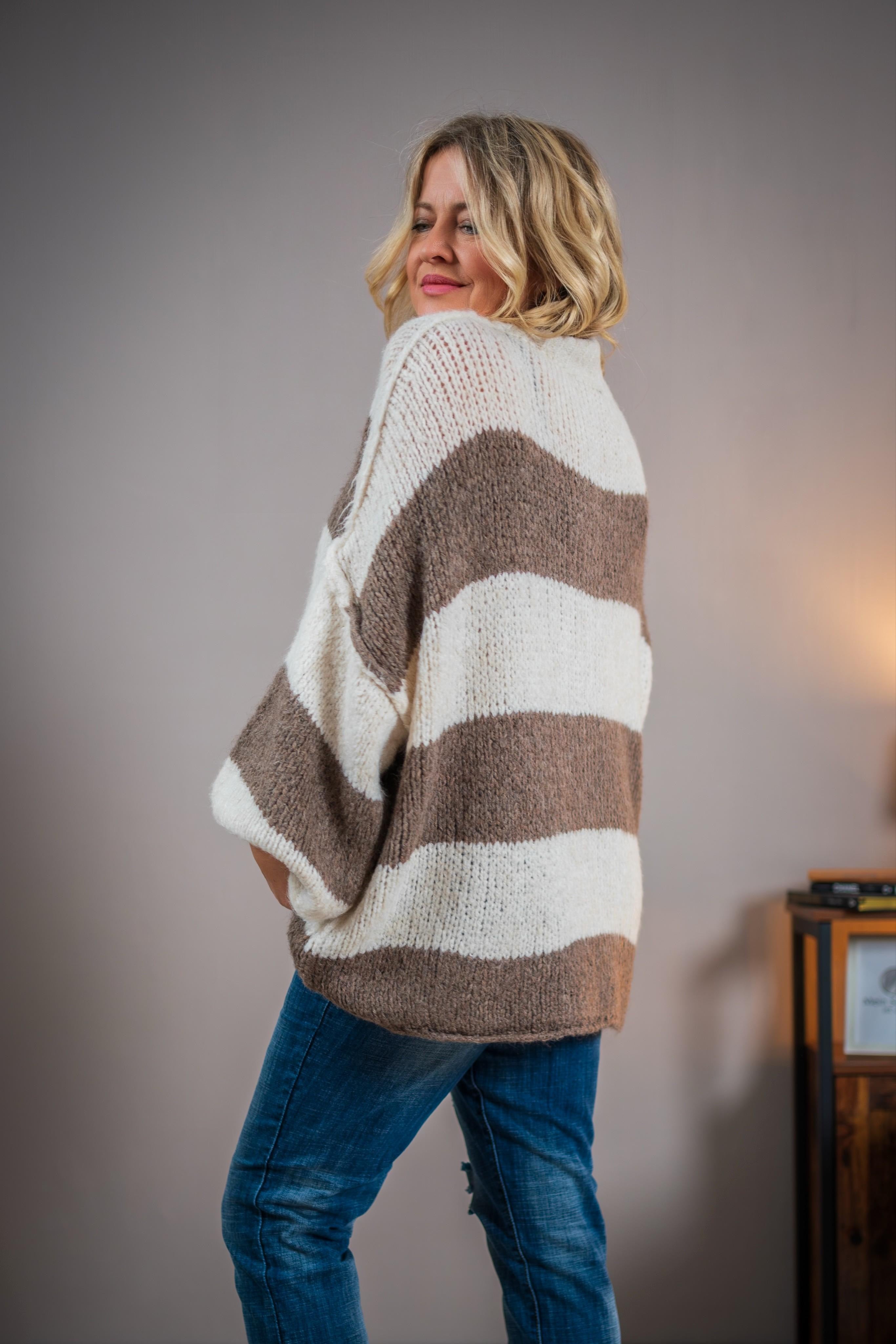 Oversize-Strickjacke, creme-taupe