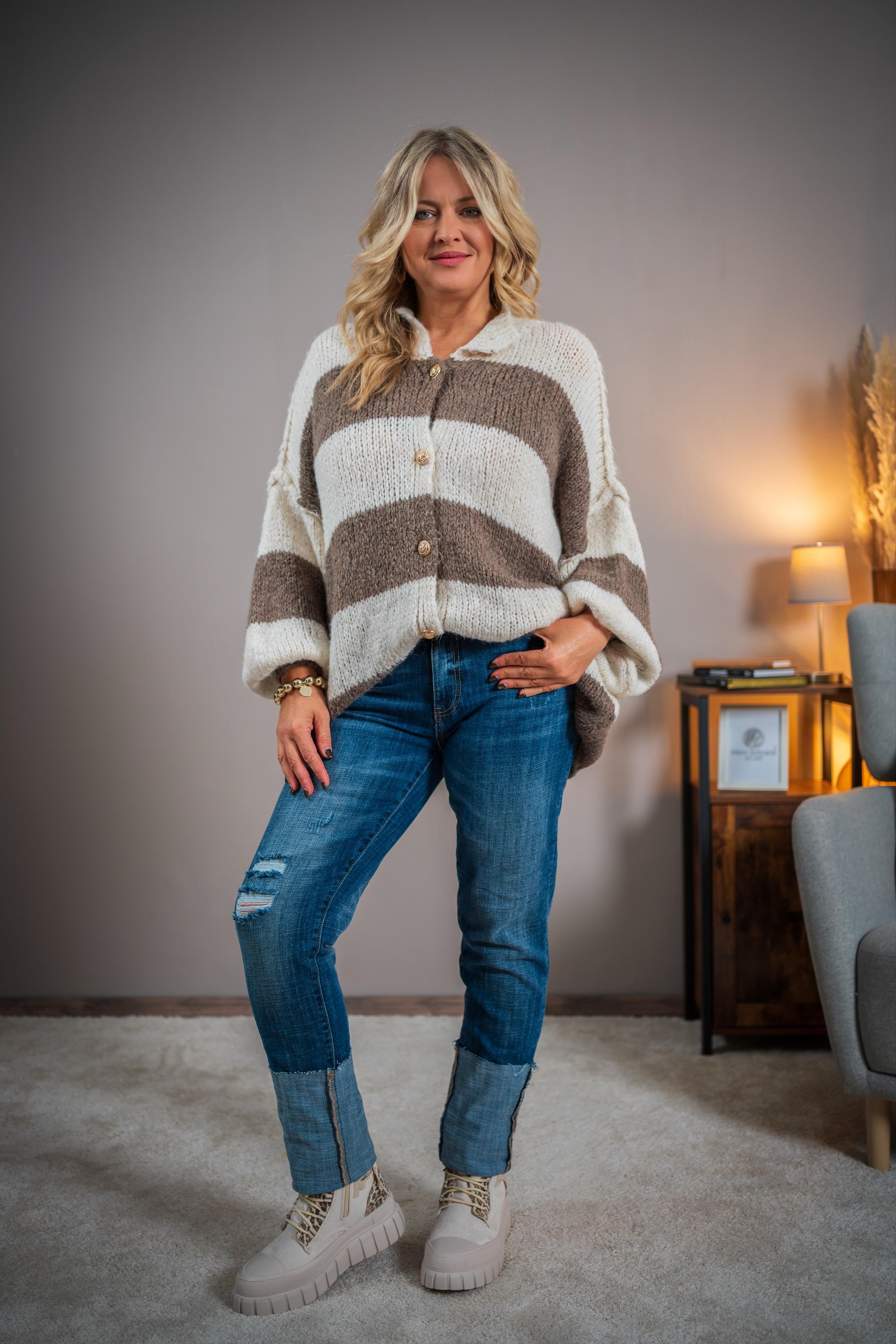 Oversize-Strickjacke, creme-taupe