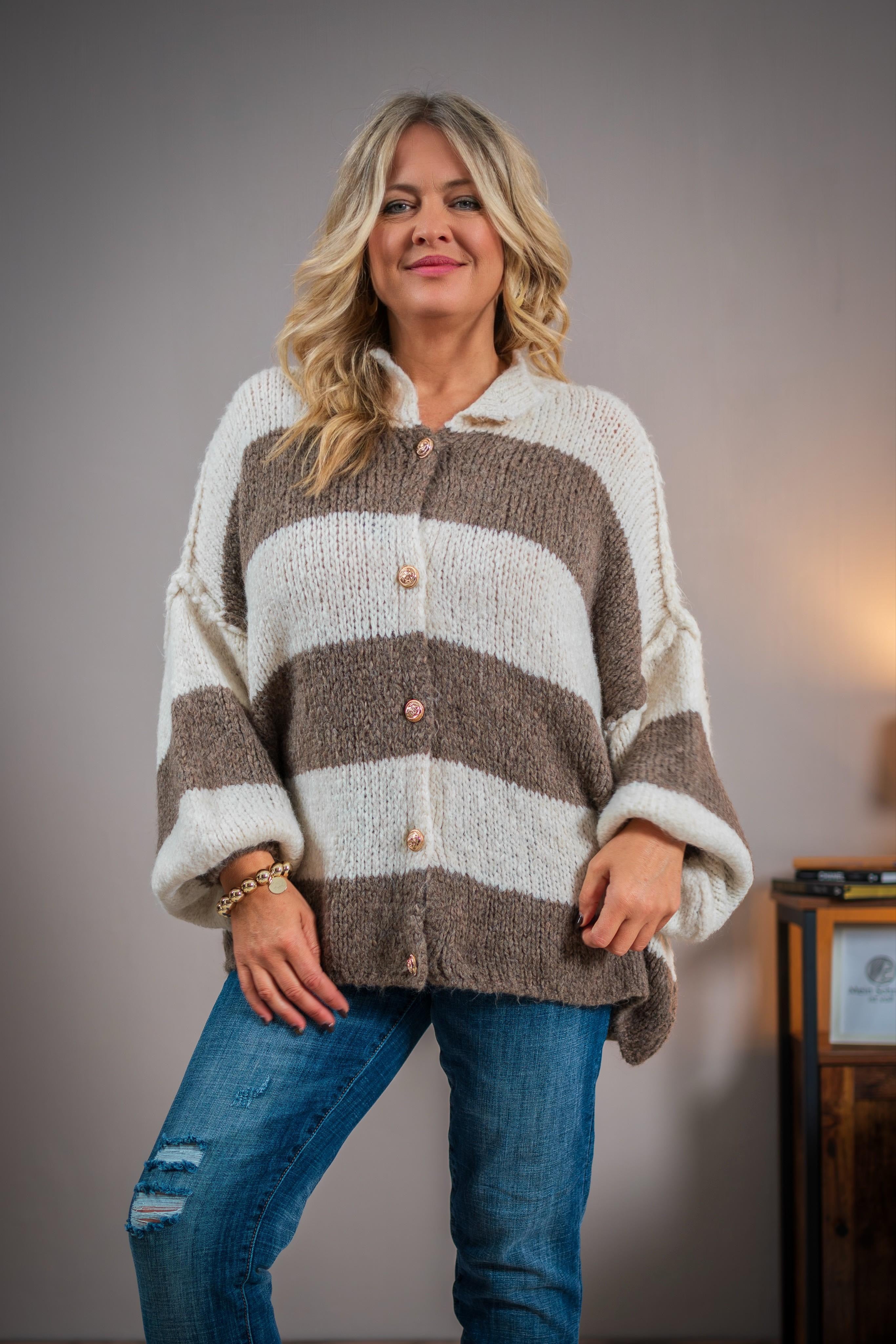 Oversize-Strickjacke, creme-taupe