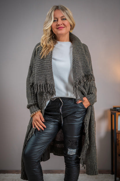Strickmantel, grau-braun