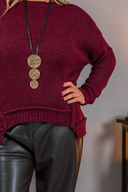 Strickpullover mit Strukturdetails, bordeaux