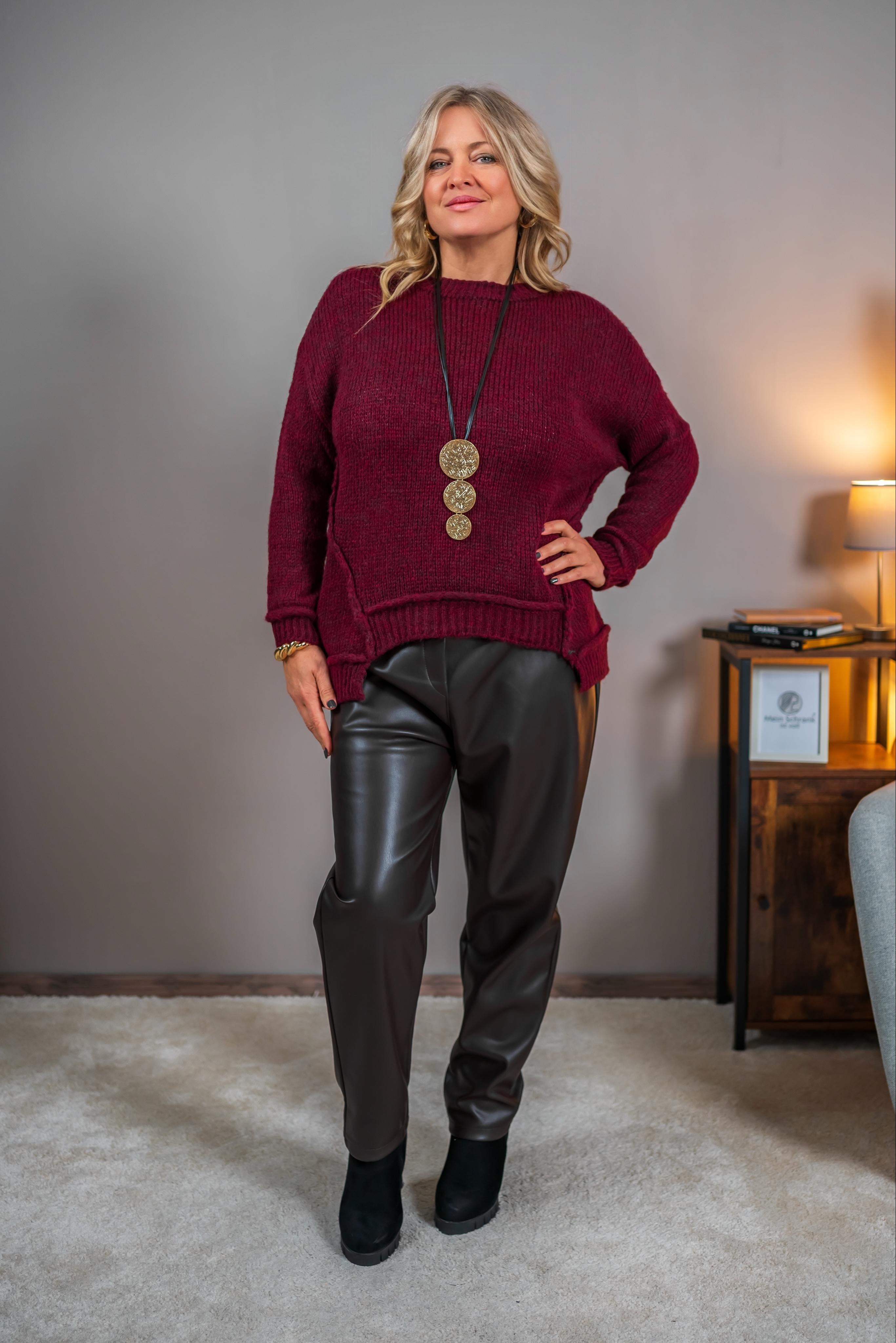 Strickpullover mit Strukturdetails, bordeaux