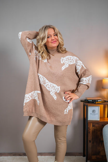 Weicher Strickpullover mit Leopardenmotiv, Camel
