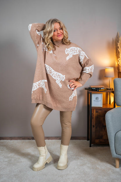 Weicher Strickpullover mit Leopardenmotiv, Camel