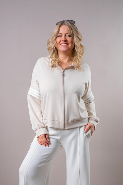 Stylische Sweatjacke mit Kontraststreifen, creme/weiß